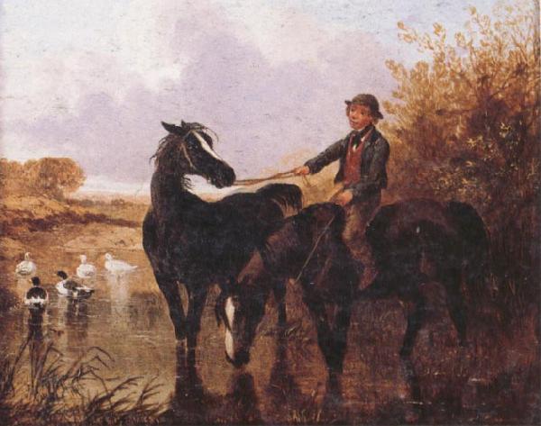 John Frederick Herring Watering The Horses and Farmyard Companions:a Pair of Paintings China oil painting art